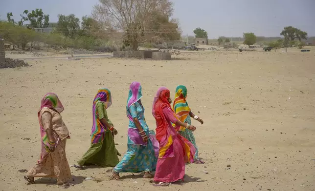Women walk to cast their vote during the second phase of polling in the six-week long national election in the desert village Akli in western Rajasthan state, India, Friday, April 26, 2024. (AP Photo/Deepak Sharma)