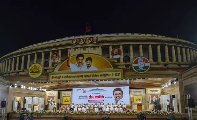 Dravida Munnetra Kazhagam (DMK) party leader M. K. Stalin, speaks on a stage resembling Indian parliament building during an election campaign rally ahead of country's general elections, on the outskirts of southern Indian city of Chennai, April 15, 2024. (AP Photo/Altaf Qadri)