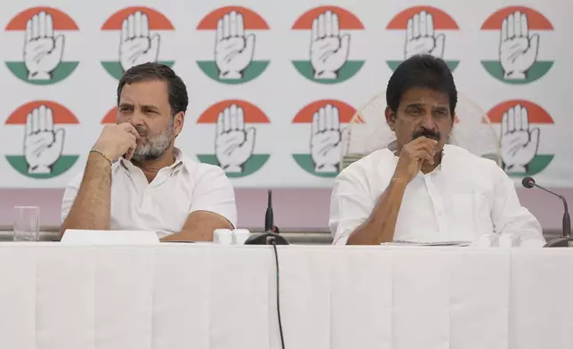 India’s opposition Congress party leaders from left, Rahul Gandhi and K.C.Venugopal look on during a press conference to release the party’s election manifesto in New Delhi, India, Friday, April 5, 2024. India's 6-week-long general election starts on April 19 and results will be announced on June 4. (AP Photo/Manish Swarup)