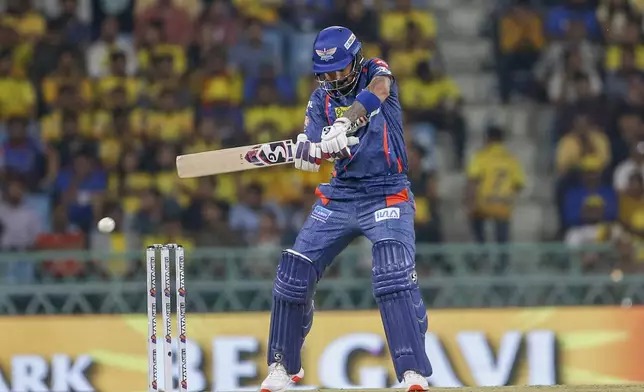 Lucknow Super Giants' captain KL Rahul plays a shot during the Indian Premier League cricket match between Chennai Super Kings and Lucknow Super Giants in Lucknow, India, Friday, April 19, 2024. (AP Photo/Surjeet Yadav)