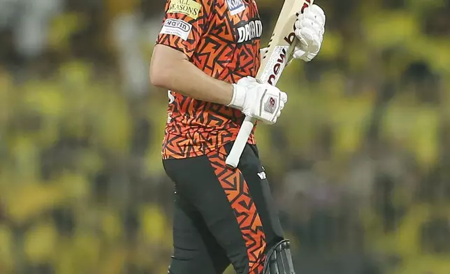 Sunrisers Hyderabad's captain Pat Cummins walks off the field after losing his wicket during the Indian Premier League cricket match between Chennai Super Kings and Sunrisers Hyderabad in Chennai, India, Sunday, April 28, 2024. (AP Photo/R.Parthiban)