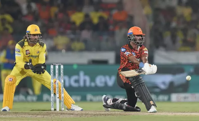 Sunrisers Hyderabad's Shahbaz Ahmed plays a shot during the Indian Premier League cricket match between Sunrisers Hyderabad and Chennai Super Kings in Hyderabad, India, Friday, April 5, 2024. (AP Photo/Mahesh Kumar A.)