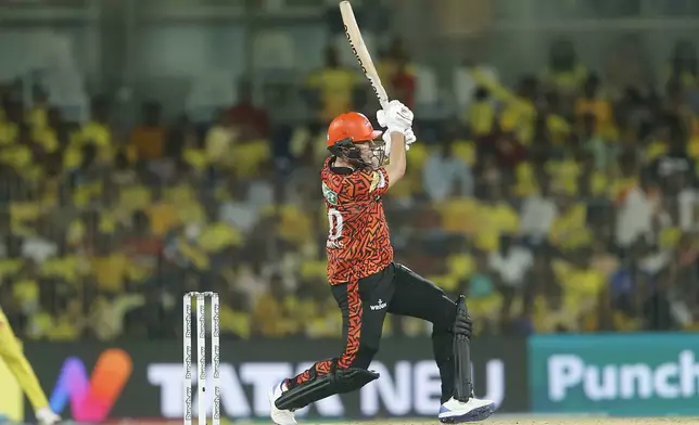 Sunrisers Hyderabad's captain Pat Cummins plays a shot during the Indian Premier League cricket match between Chennai Super Kings and Sunrisers Hyderabad in Chennai, India, Sunday, April 28, 2024. (AP Photo/R.Parthiban)