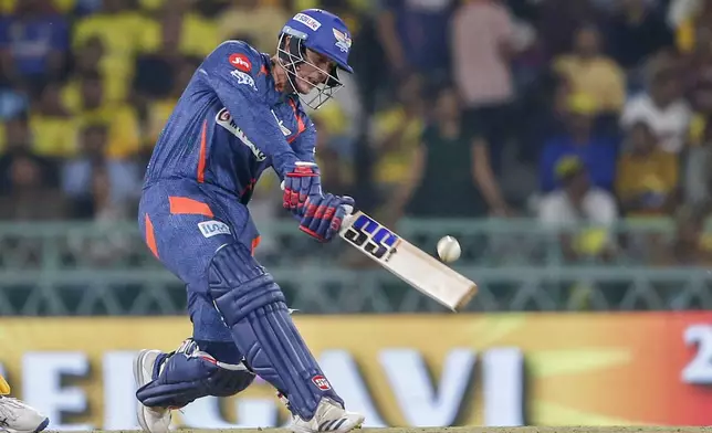 Lucknow Super Giants' Quinton de Kock plays a shot during the Indian Premier League cricket match between Chennai Super Kings and Lucknow Super Giants in Lucknow, India, Friday, April 19, 2024. (AP Photo/Surjeet Yadav)