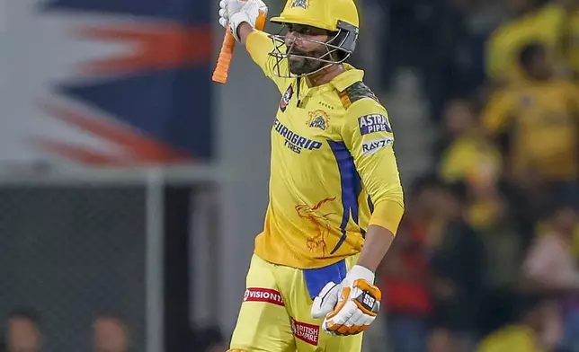 Chennai Super Kings' Ravindra Jadeja celebrates his fifty runs during the Indian Premier League cricket match between Chennai Super Kings and Lucknow Super Giants in Lucknow, India, Friday, April 19, 2024. (AP Photo/Surjeet Yadav)