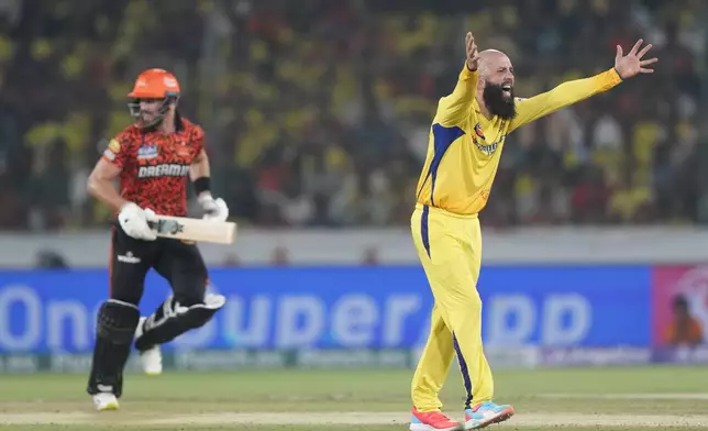 Chennai Super Kings' Moeen Ali appeals successfully for the wicket of Sunrisers Hyderabad's Aiden Markram, left, during the Indian Premier League cricket match between Sunrisers Hyderabad and Chennai Super Kings in Hyderabad, India, Friday, April 5, 2024. (AP Photo/Mahesh Kumar A.)
