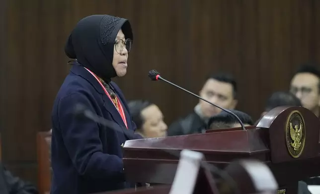 Indonesian Social Affairs Minister Tri Rismaharini delivers her statement during a hearing on the presidential election result dispute at the Constitutional Court in Jakarta, Indonesia, Friday, April 5, 2024. (AP Photo/Dita Alangkara)