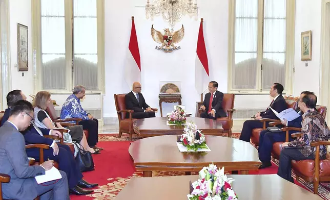 In this photo released by Indonesian Presidential Palace, Microsoft CEO Satya Nadella, center left, meets with Indonesia President Joko Widodo, center right, at Merdeka palace in Jakarta, Indonesia, Tuesday, April 30, 2024. Microsoft will invest $1.7 billion over the next four years in new cloud and AI infrastructure in Indonesia, the single largest investment in Microsoft’s 29-year history in the country, said Nadella, on Tuesday. (Vico/Indonesian President Palace via AP)