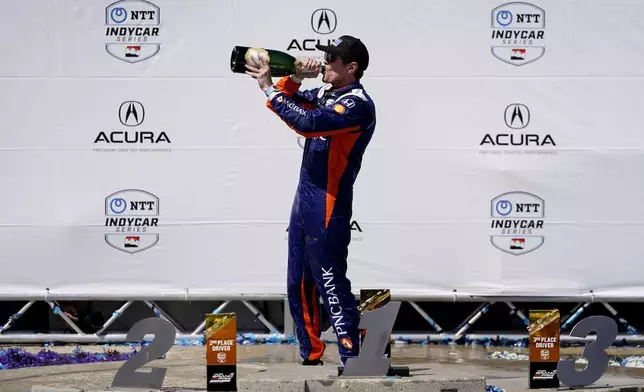 Chip Ganassi Racing driver Scott Dixon celebrates his victory during the IndyCar Grand Prix of Long Beach auto race Sunday, April 21, 2024, in Long Beach, Calif. (AP Photo/Ryan Sun)