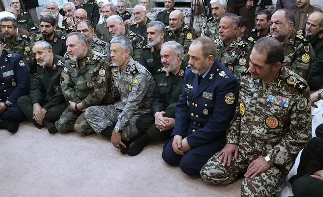 In this photo released by an official website of the office of the Iranian supreme leader, a group of senior military leaders, listen to Supreme Leader Ayatollah Ali Khamenei in their meeting in Tehran, Iran, Sunday, April 21, 2024. Iran's supreme leader on Sunday dismissed any discussion of whether Tehran's unprecedented drone-and-missile attack on Israel hit anything there, a tacit acknowledgment that despite launching a massive assault, few projectiles actually made through to their targets. (Office of the Iranian Supreme Leader via AP)