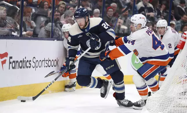 Columbus Blue Jackets right wing Mathieu Olivier (24) controls the puck as New York Islanders center Jean-Gabriel Pageau (44) defends during the second period of an NHL hockey game Thursday, April 4, 2024, in Columbus, Ohio. (AP Photo/Joe Maiorana)