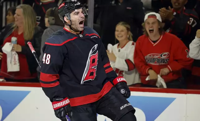 Carolina Hurricanes' Jordan Martinook (48) celebrates after his winning goal against the New York Islanders during the third period in Game 2 of an NHL hockey Stanley Cup first-round playoff series in Raleigh, N.C., Monday, April 22, 2024. (AP Photo/Karl B DeBlaker)