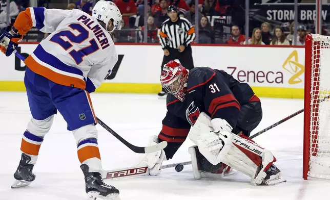 New York Islanders' Kyle Palmieri (21) shoots the puck at Carolina Hurricanes goaltender Frederik Andersen (31) during the first period in Game 2 of an NHL hockey Stanley Cup first-round playoff series in Raleigh, N.C., Monday, April 22, 2024. (AP Photo/Karl B DeBlaker)