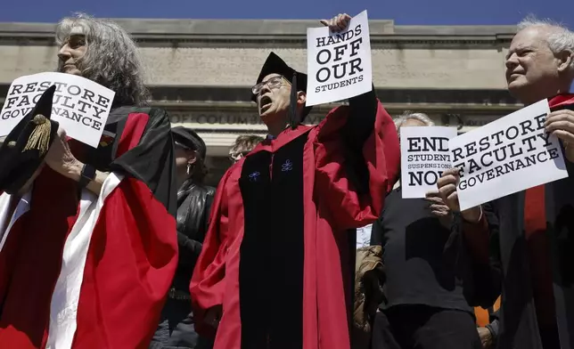 Columbia University professors rally in solidarity with their students rights to protest free from arrest at the Columbia University campus in New York on Monday April 22, 2024. (AP Photo/Stefan Jeremiah)