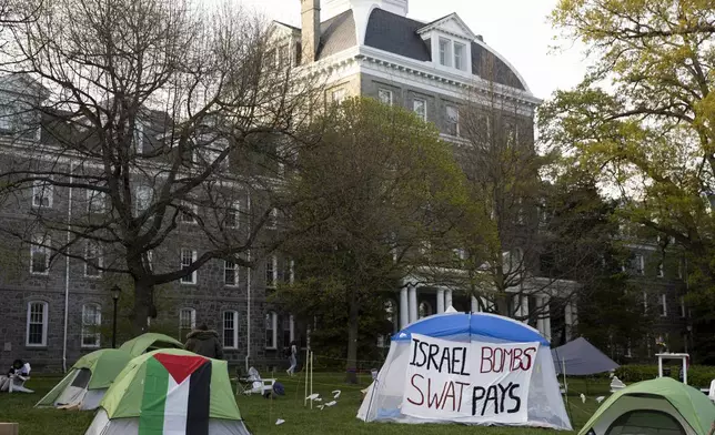 Student protestors erected approximately 20 tents on Parrish Beach by Clothier Hall at Swarthmore College in Swarthmore, Pa. on Tuesday, April 23, 2024. (Monica Herndon/The Philadelphia Inquirer via AP)