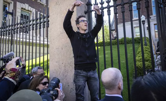 Columbia University assistant professor Shai Davidai, speaks after being denied access to the main campus, to prevent him from accessing the lawn currently occupied by pro-Palestine student demonstrators, in New York on Monday, April 22, 2024. (AP Photo/Stefan Jeremiah)