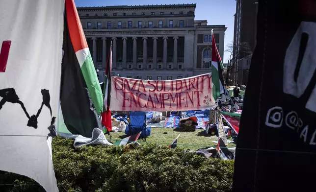 A sign that reads, Gaza Solidarity Encampment, is seen during the Pro-Palestinians protest at the Columbia University campus in New York, Monday April 22, 2024. (AP Photo/Stefan Jeremiah)