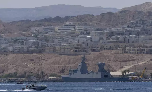 A Saar-6 corvette, the latest-generation warship which Israel is using for its naval defense system amid maritime threats from Yemen's Houthi rebels, is seen in waters in Eilat, Israel, Tuesday, April 16, 2024. The Houthis have been conducting near daily attacks on commercial and military ships in the Red Sea and Gulf of Aden, launching drones and missiles from rebel-held areas of Yemen. (AP Photo/Ohad Zwigenberg)
