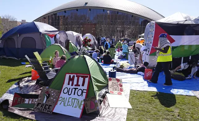Students protest at an encampment outside the Kresge Auditorium on the campus of the Massachusetts Institute of Technology, Tuesday, April 23, 2024, in Cambridge, Mass. (AP Photo/Charles Krupa)