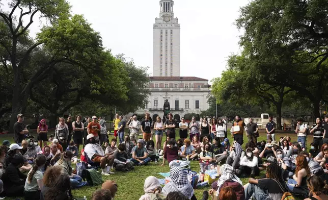 Demonstrators gather on the campus of the University of Texas at Austin, Thursday, April 25, 2024, to protest the war in Gaza, Thursday, April 25, 2024, in Austin, Texas. (Jon Shapley/Houston Chronicle via AP)