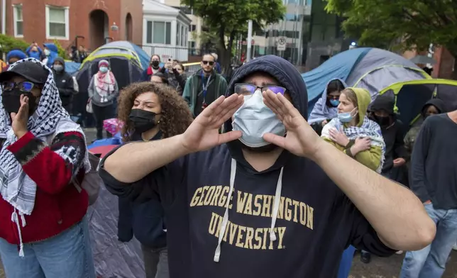 George Washington University students protest the Israel-Hamas war at the university in Washington, Saturday, April 27, 2024. Protests and encampments have sprung up on college and university campuses across the country to protest the war. (AP Photo/Cliff Owen)