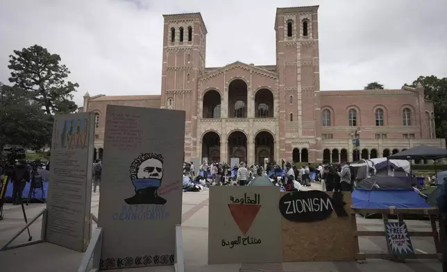 A makeshift camp with a Pro-Palestinian theme is staged on the UCLA campus, Thursday, April 25, 2024, in Los Angeles. (AP Photo/Jae C. Hong)