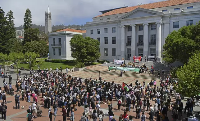 Pro-Palestinian protesters gather in front of Sproul Hall during a protest on the campus of UC Berkeley in Berkeley, Calif., on Monday, April 22, 2024. Hundreds of pro-Palestinian protesters staged a demonstration in front of Sproul Hall where they set up a tent encampment and are demanding a permanent cease-fire in the war between Israel and Gaza. (Jose Carlos Fajardo/Bay Area News Group via AP)