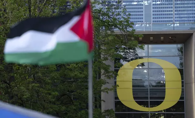 A Palestinian flag flutters in the wind as University of Oregon students set up a tent encampment at the university to protest the Israel-Hamas war on Monday, April 29, 2024, in Eugene, Ore. (AP Photo/Jenny Kane)
