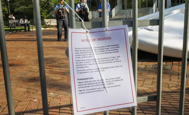 Notice of Trespass sign posted on barricades informing protesters in encampment on University of Pennsylvania campus on Monday, April 29, 2024. Colleges around the U.S. implored pro-Palestinian student protesters to clear out tent encampments with rising levels of urgency Monday. College classes nationwide are wrapping up for the semester, and campuses are preparing for graduation ceremonies. (Alejandro A. Alvarez/The Philadelphia Inquirer via AP)