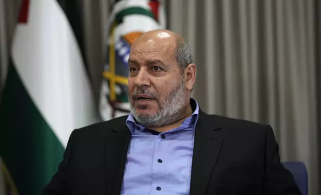 Khalil al-Hayya, a high-ranking official with the Palestinian militant group, who has represented it in negotiations for a ceasefire and hostage exchange deal, speaks during an interview for The Associated Press, in Istanbul, Turkey, Wednesday, April 24, 2024. (AP Photo/Khalil Hamra)