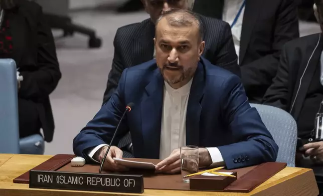 Iran's Minister for Foreign Affairs Hossein Amir-Abdollahian speaks during a Security Council meeting at United Nations headquarters, Thursday, April 18, 2024. (AP Photo/Yuki Iwamura)