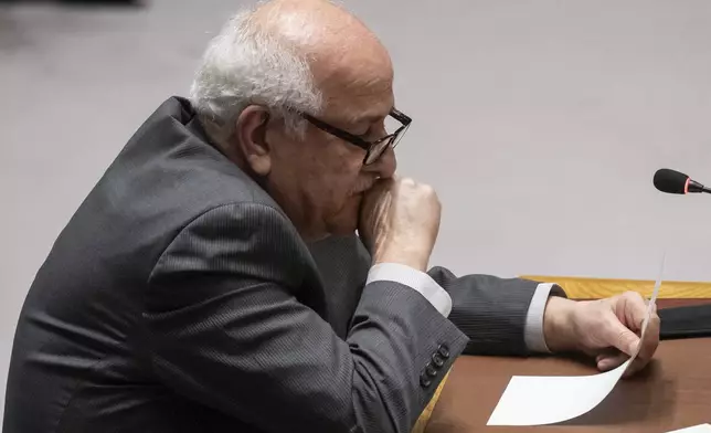 Palestinian Ambassador to the United Nations Riyad Mansour holds tears while speaking during a Security Council meeting at United Nations headquarters, Thursday, April 18, 2024. (AP Photo/Yuki Iwamura)