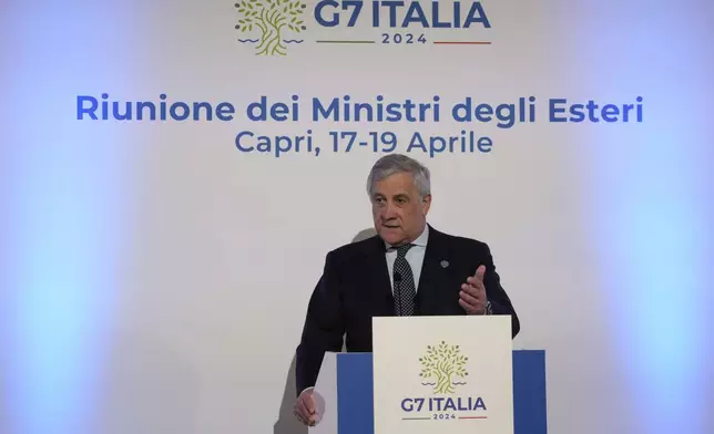 Italian Foreign Minister Antonio Tajani speaks to reporters during the final press conference at the G7 Foreign Ministers meeting on Capri Island, Italy, Friday, April 19, 2024. (AP Photo/Gregorio Borgia)