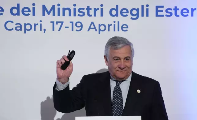 Italian Foreign Minister Antonio Tajani gestures as he speaks to reporters during the final press conference at the G7 Foreign Ministers meeting on Capri Island, Italy, Friday, April 19, 2024. (AP Photo/Gregorio Borgia)