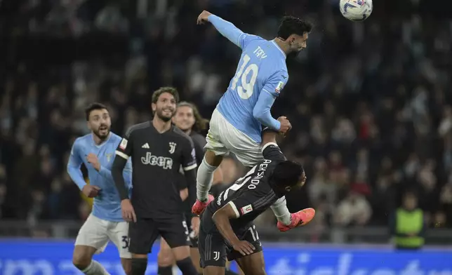 Lazio's Taty Castellanos (19) scores their side's first goal of the gameduring the Italian Cup semi-final soccer match between Lazio and Juventus at Rome's Olympic Stadium, Italy, Tuesday, April 23, 2024. (Alfredo Falcone/LaPresse via AP)