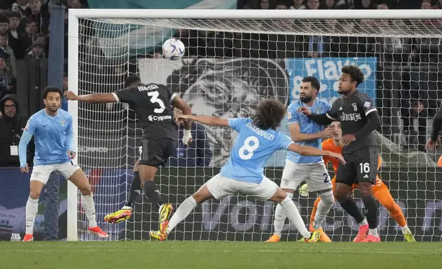Juventus' Bremer makes an attempt to score during the Italian Cup semi-final soccer match between Lazio and Juventus at Rome's Olympic Stadium, Italy, Tuesday, April 23, 2024. (AP Photo/Gregorio Borgia)