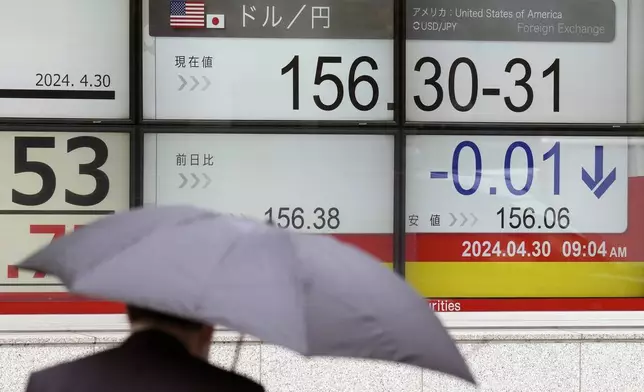 A person walks in front of an electronic stock board showing Japan Yen/U.S. dollar exchange rate at a securities firm Tuesday, April 30, 2024, in Tokyo. Asian shares mostly rose Tuesday, as investors kept their eyes on potentially market-moving reports expected later this week. (AP Photo/Eugene Hoshiko)