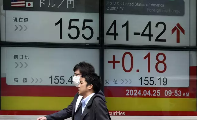 People walk in front of an electronic stock board showing U.S. Dollar/Japanese Yen exchange rate at a securities firm Thursday, April 25, 2024, in Tokyo. (AP Photo/Eugene Hoshiko)