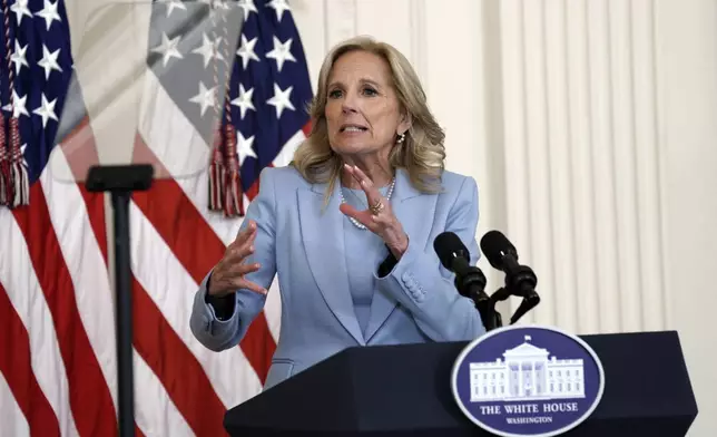 First lady Jill Biden speaks at an event on Federal employment opportunities for military spouses in the East Room at the White House, Wednesday, Apr. 17, 2024, in Washington. (AP Photo/Yuri Gripas)