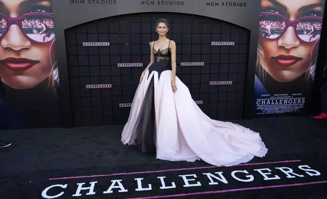 Zendaya, a cast member in "Challengers," poses at the premiere of the film at the Regency Village Theatre, Tuesday, April 16, 2024, in Los Angeles. (AP Photo/Chris Pizzello)