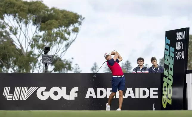 Captain Sergio Garcia of Fireballs GC hits his shot from the 11th tee during the practice round for LIV Golf Adelaide at the Grange Golf Club Thursday, April 25, 2024, in Adelaide, Australia. (Charles Laberge/LIV Golf via AP)
