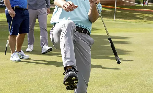 Captain Joaquín Niemann of Torque GC reacts during the practice round for LIV Golf Adelaide at the Grange Golf Club Thursday, April 25, 2024, in Adelaide, Australia. (Charles Laberge/LIV Golf via AP)