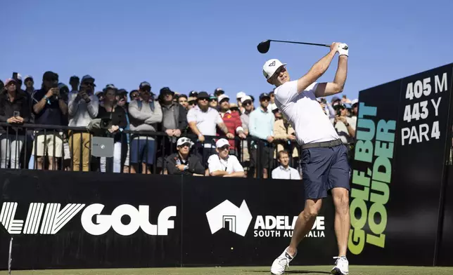 Brendan Steele of HyFlyers GC hits his shot from the first tee during the final round of LIV Golf Adelaide at the Grange Golf Club on Sunday, April 28, 2024, in Adelaide, Australia. (Chris Trotman/LIV Golf via AP)