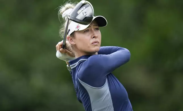 Nelly Korda hits from the 11th tee during the third round of the Chevron Championship LPGA golf tournament Saturday, April 20, 2024, at The Club at Carlton Woods, in The Woodlands, Texas. (AP Photo/Eric Gay)