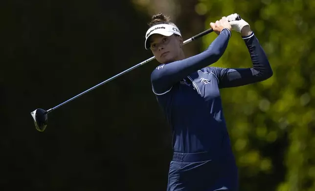 Esther Henseleit hits from the second tee during the fourth round of the LPGA's JM Eagle LA Championship golf tournament at Wilshire Country Club, Sunday, April 28, 2024, in Los Angeles. (AP Photo/Ashley Landis)