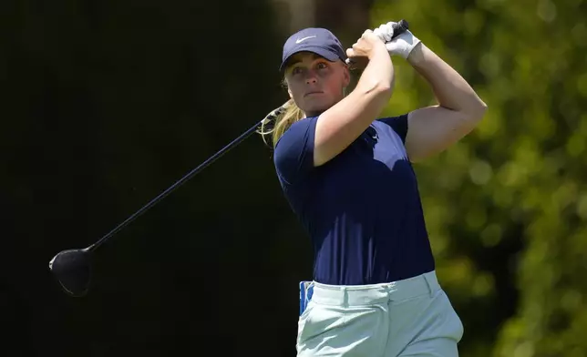 Maja Stark hits from the second tee during the fourth round of the LPGA's JM Eagle LA Championship golf tournament at Wilshire Country Club, Sunday, April 28, 2024, in Los Angeles. (AP Photo/Ashley Landis)