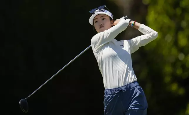 Grace Kim hits from the second tee during the fourth round of the LPGA's JM Eagle LA Championship golf tournament at Wilshire Country Club, Sunday, April 28, 2024, in Los Angeles. (AP Photo/Ashley Landis)