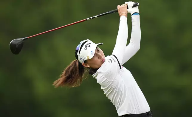 Atthaya Thitikul, of Thailand, hits from the fourth tee during the second round of the Chevron Championship LPGA golf tournament Friday, April 19, 2024, at The Club at Carlton Woods, in The Woodlands, Texas. (AP Photo/Eric Gay)