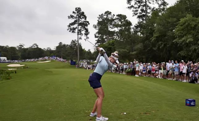 Nelly Korda hits from the 17th tee during the second round of the Chevron Championship LPGA golf tournament Friday, April 19, 2024, at The Club at Carlton Woods, in The Woodlands, Texas. (AP Photo/David J. Phillip)