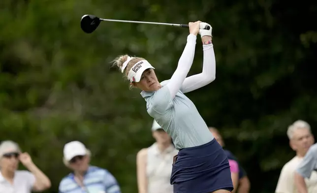 Nelly Korda hits from the 11th tee during the second round of the Chevron Championship LPGA golf tournament Friday, April 19, 2024, at The Club at Carlton Woods, in The Woodlands, Texas. (AP Photo/David J. Phillip)